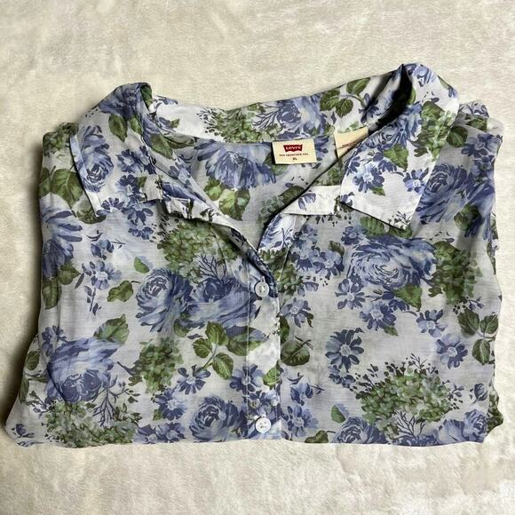 Levi's Spring Floral Blouse Women's XL Pale Blue Green Sheer Pastel White Easter - Picture 9 of 9